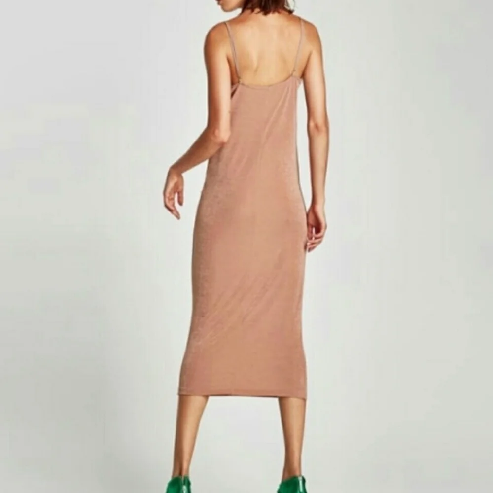 Zara Women's V-Neck Midi Slip Dress Adjustable Straps, Beige Color, SMALL